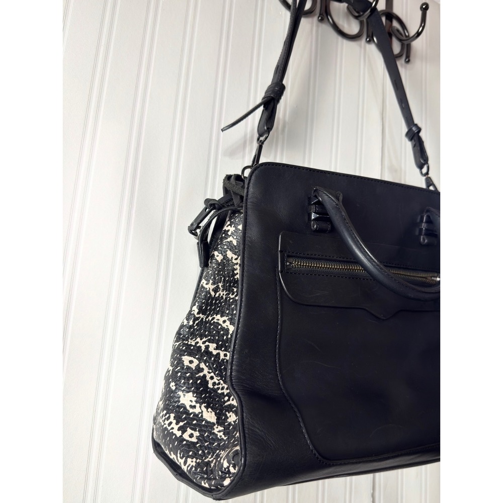 Rebecca Minkoff Black Leather MAB Tote Bag Snakeskin Calf Hair Gusset Satchel - Picture 3 of 10